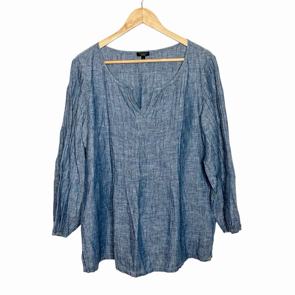 Talbots Linen Chambray Top Blue Womens Size L Coastal Cowgirl Fisherman Nautical